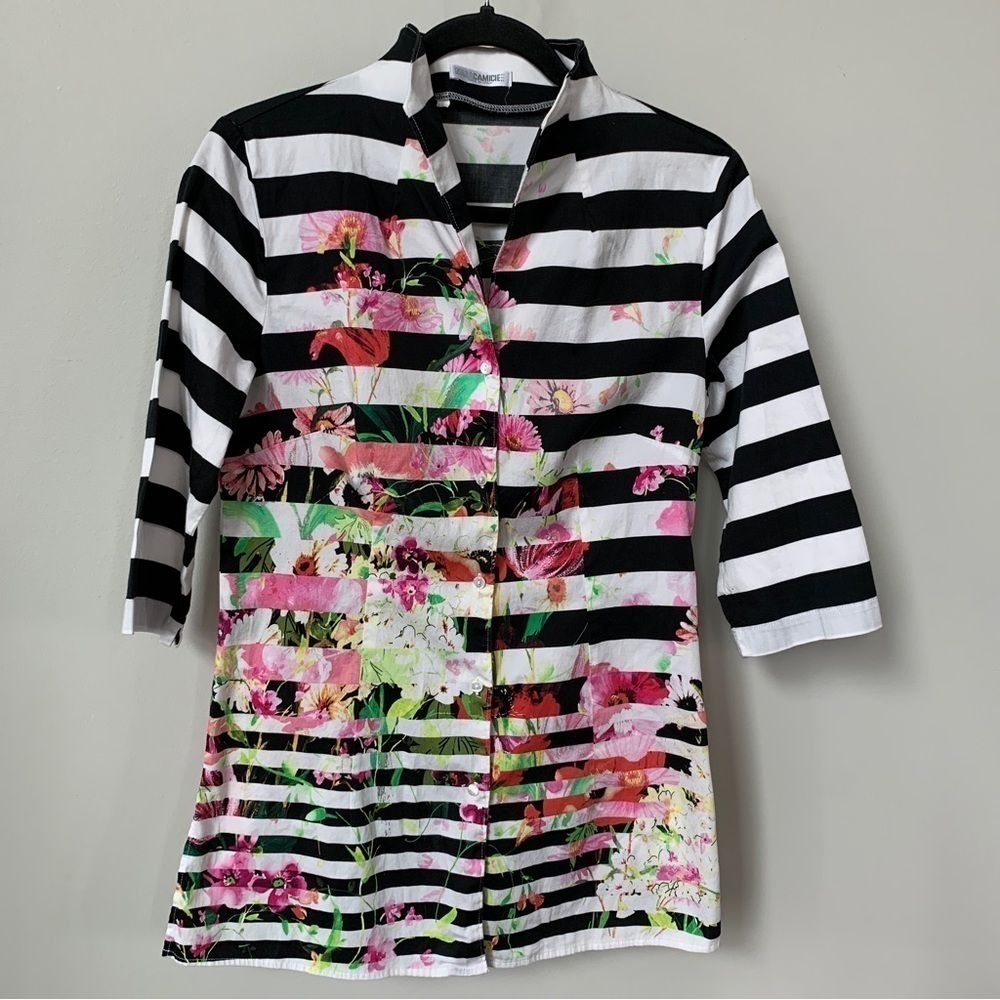 Nara Camicie Black & White Striped‎ Floral Design Button Down Top Size M
